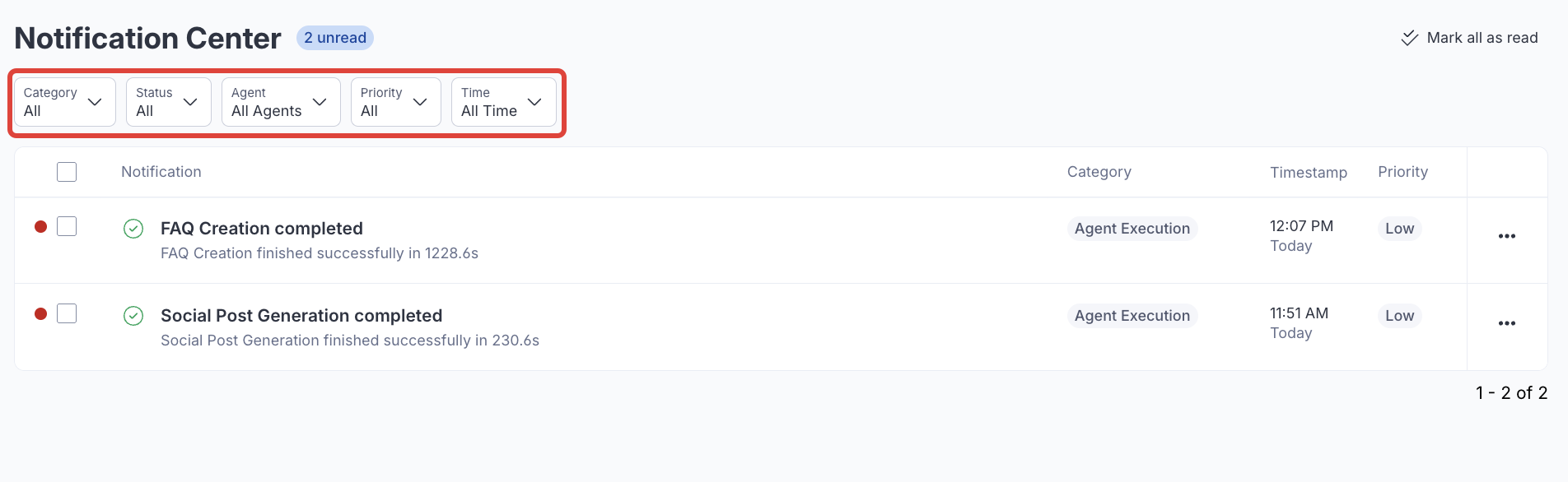 Screenshot of Notification Center filter bar where category, status, agent, priority, and time filter options are highlighted