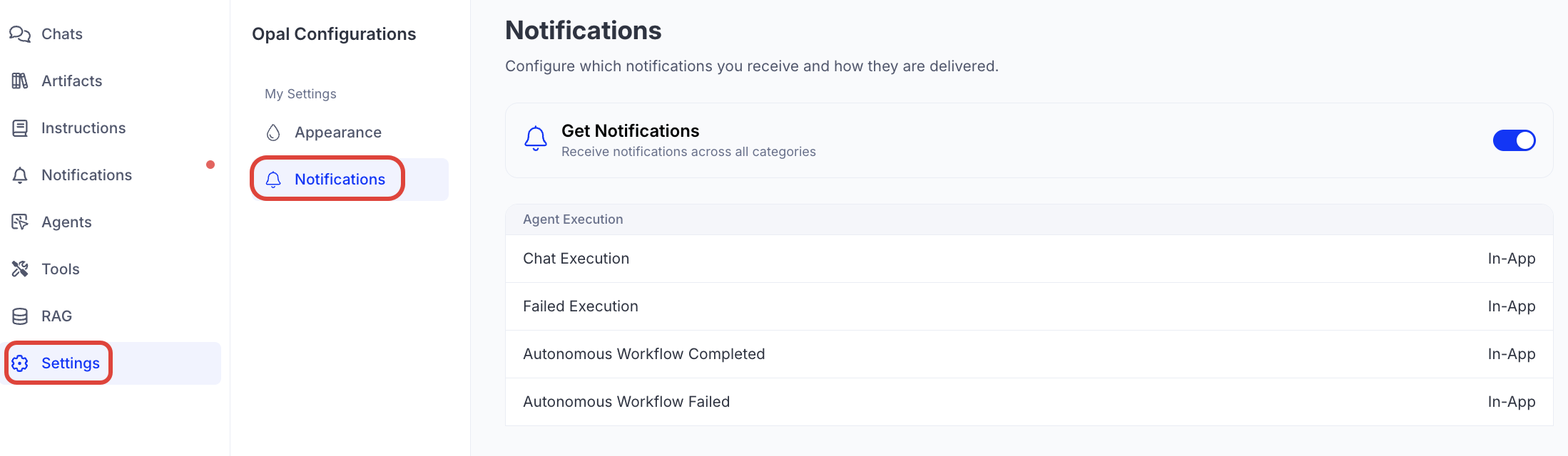 screenshot of Opal Settings page where Notifications displays as selected