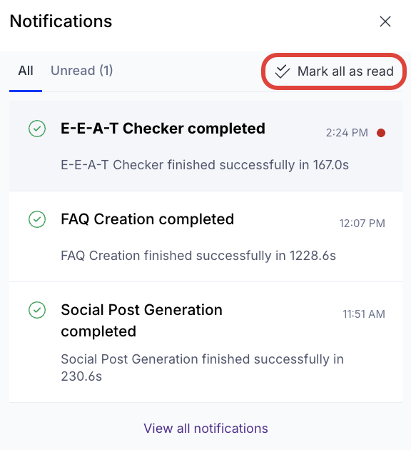 Screenshot of notifications tray where Mark all as read control is visible
