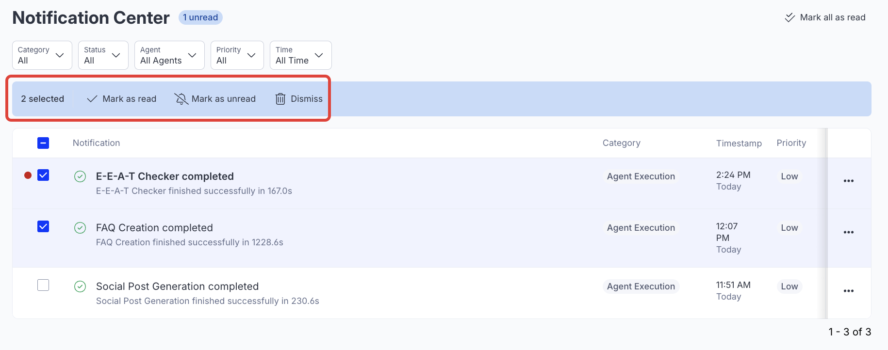 Screenshot of the Notification Center with two notifications selected with the  bulk actions bar highlighted.