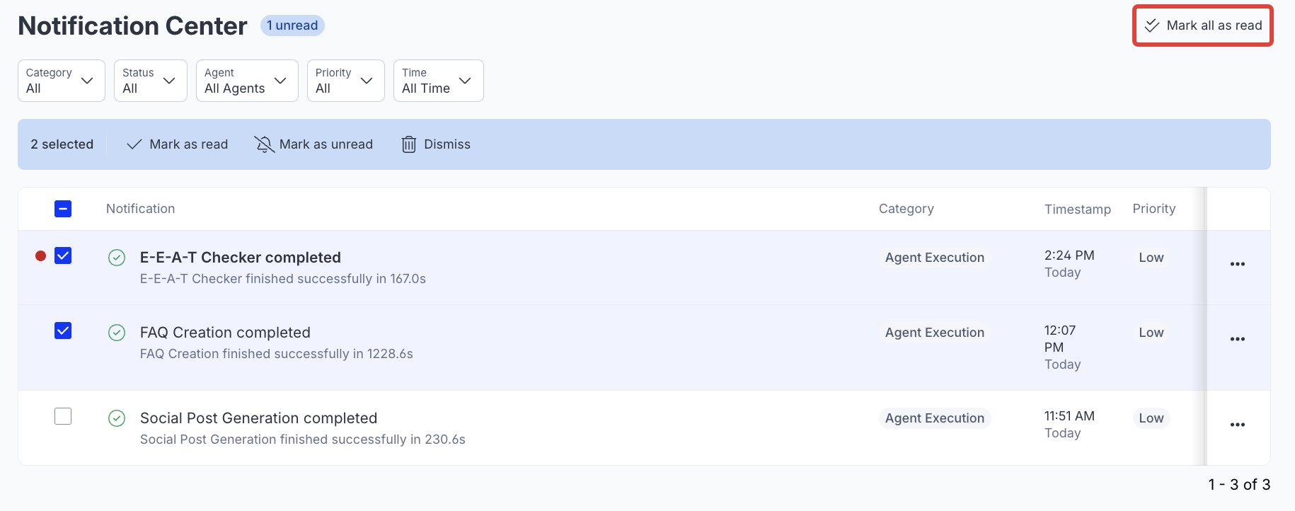 Screenshot of the Notification Center with Mark all as read highlighted.