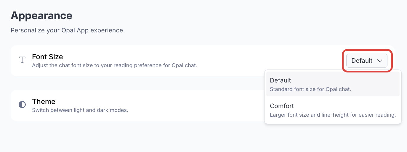 Screenshot of the Appearance settings page where the Font Size drop-down list is expanded to display available size options
