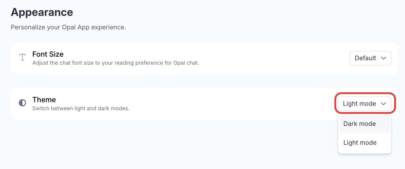Screenshot of the Appearance settings page where the Theme drop-down list is expanded to display available theme options