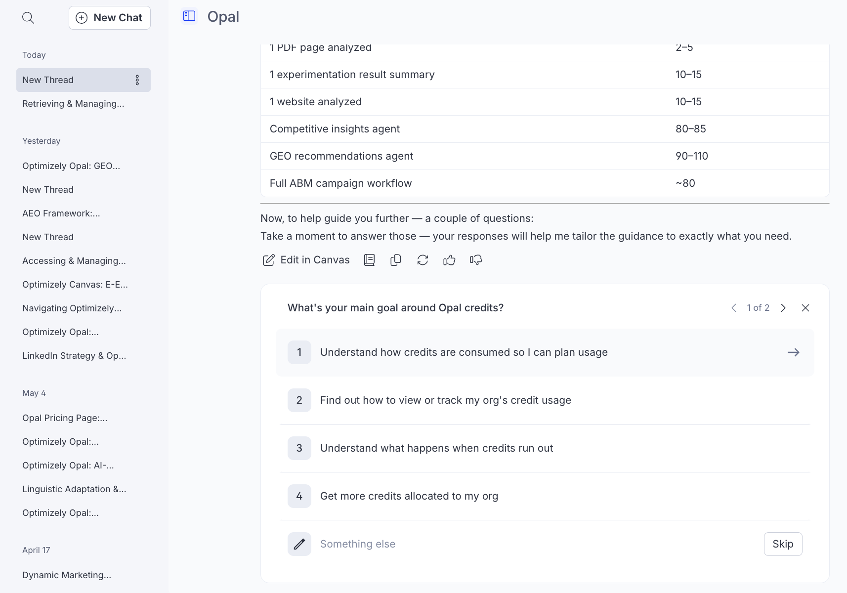 Screenshot of Opal Chat with action cards displayed.