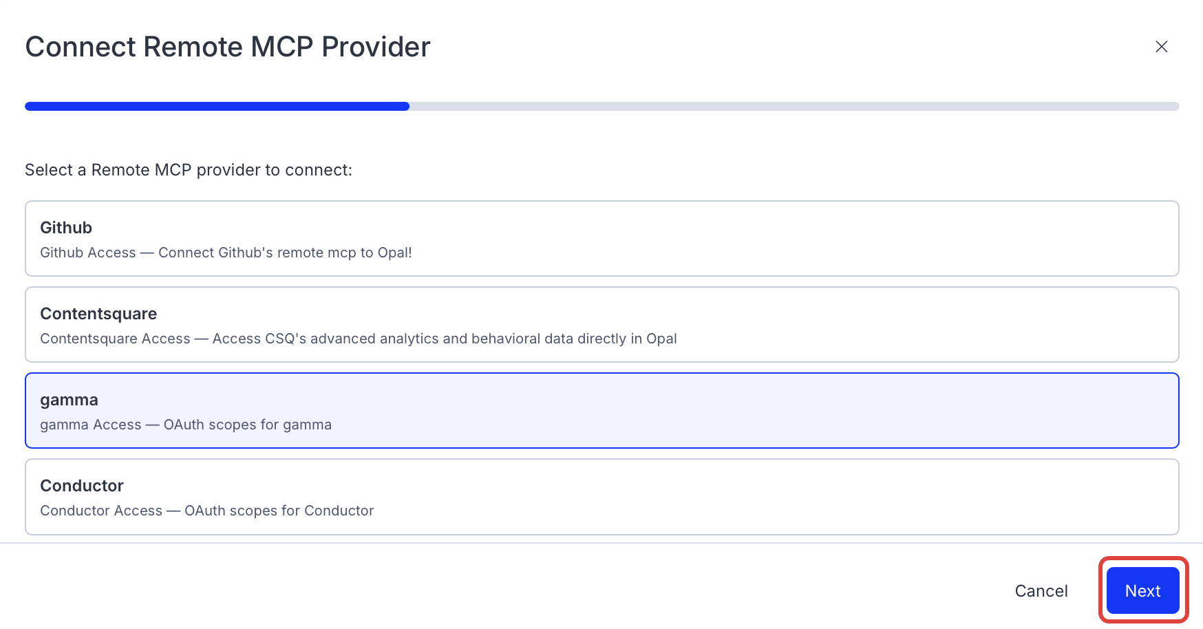 Screenshot of the connector selection page in Opal where Gamma is listed
