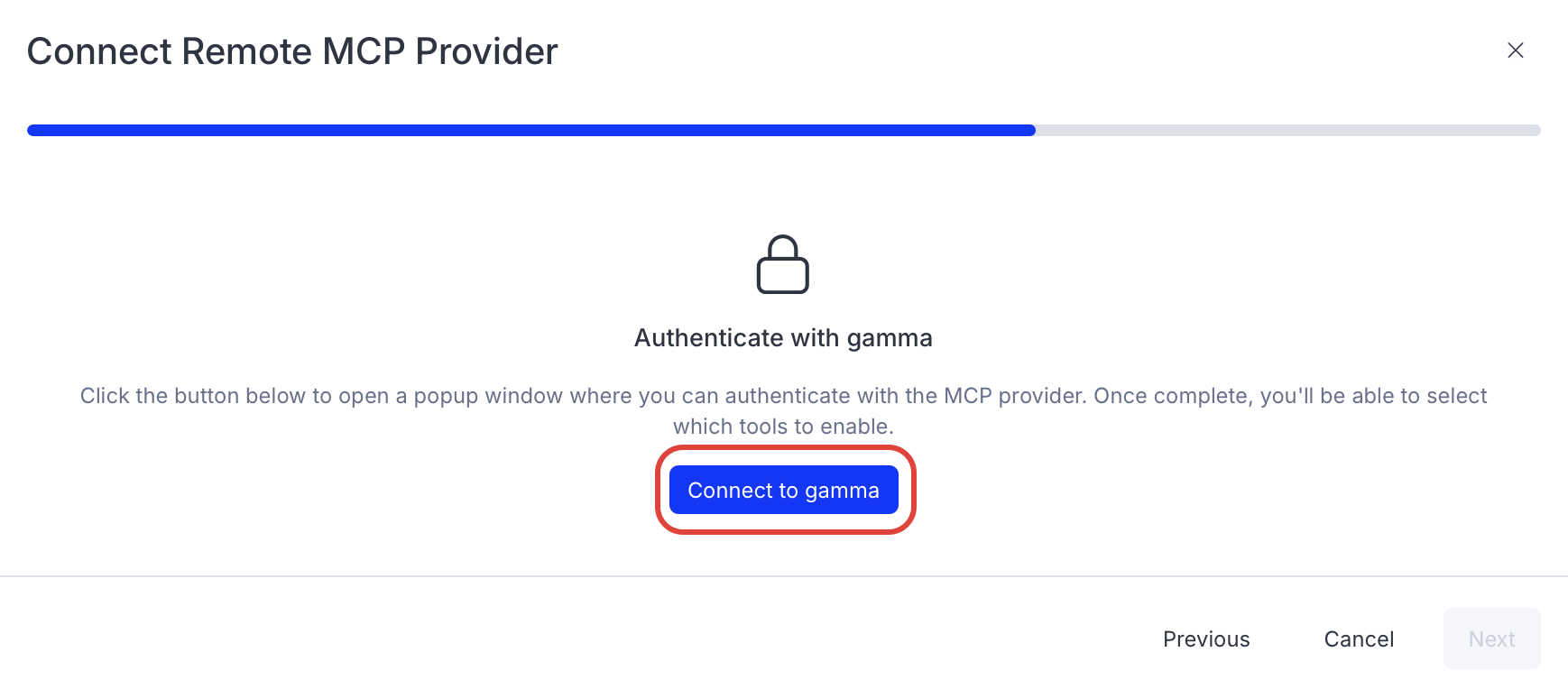 Screenshot of the Gamma connector page in Opal where the Connect to Gamma button is visible