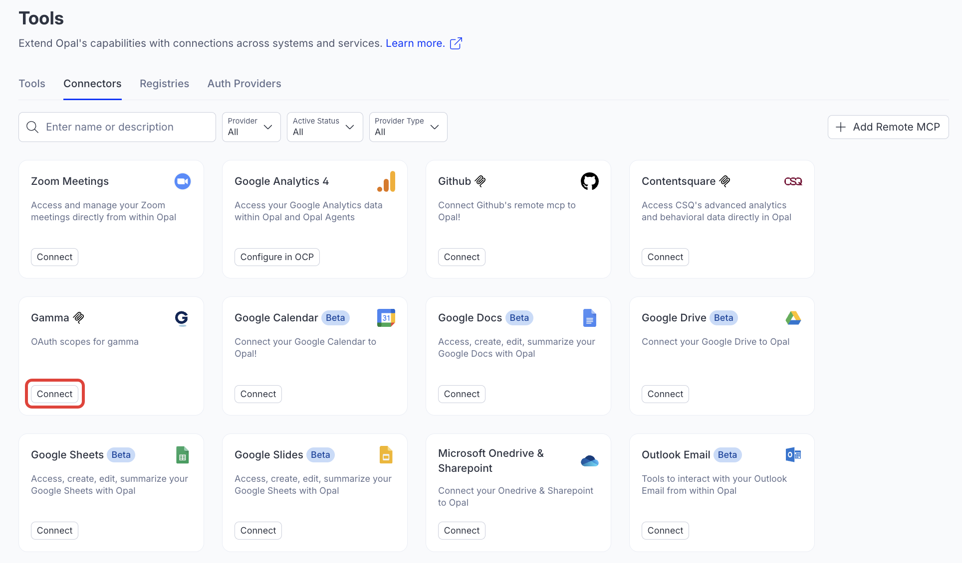Screenshot of the Connectors page in Opal where the Connect button for Gamma is visible