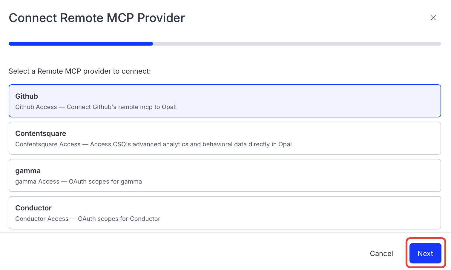 Screenshot of the connector selection page in Opal where GitHub is listed