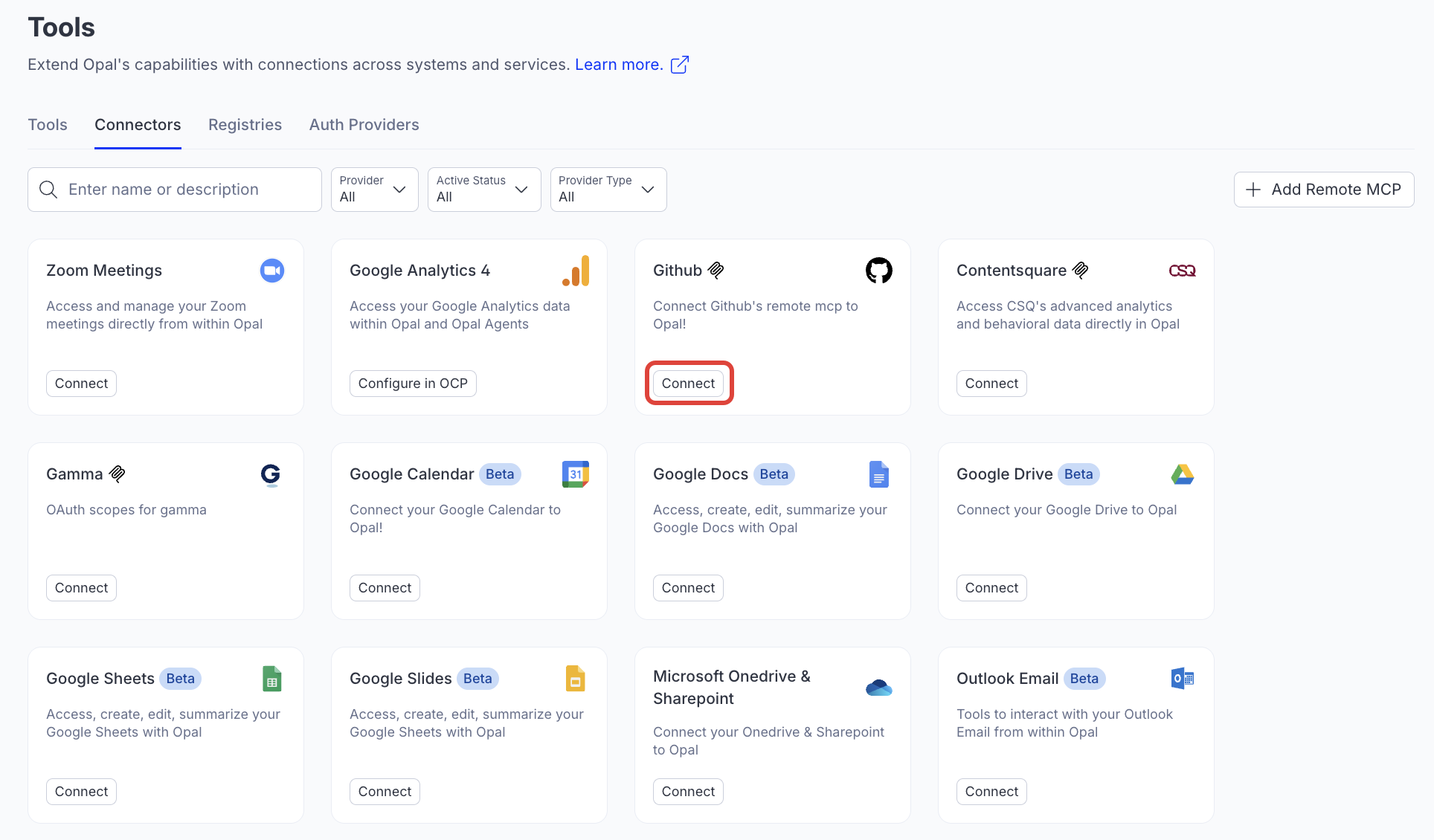 Screenshot of the Connectors page in Opal where the Connect button for GitHub is visible