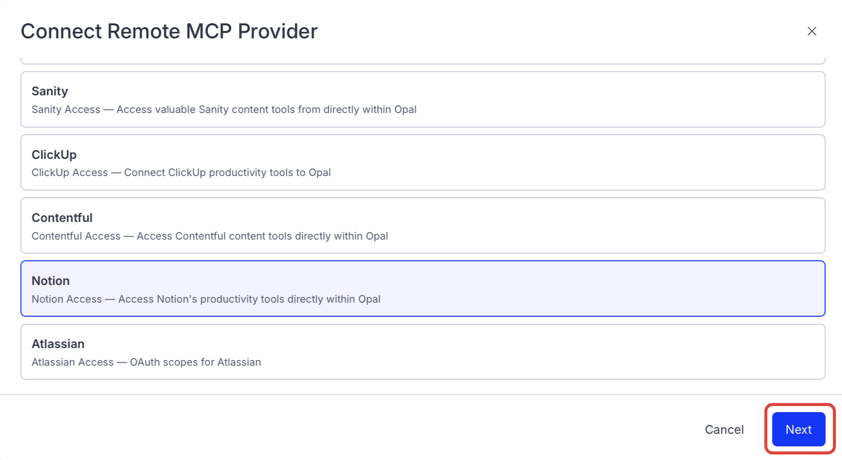Screenshot of the connector selection page in Opal where Notion is listed