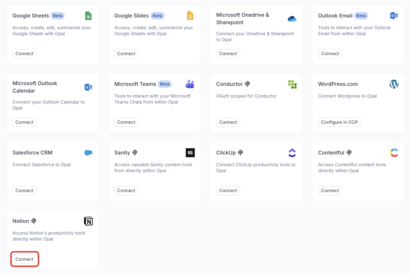 Screenshot of the Connectors page in Opal where the Connect button for Notion is visible