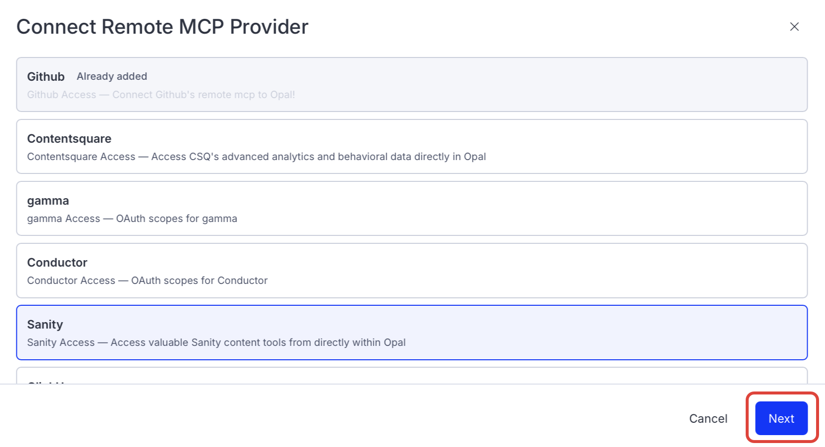 Screenshot of the connector selection page in Opal where Sanity is listed