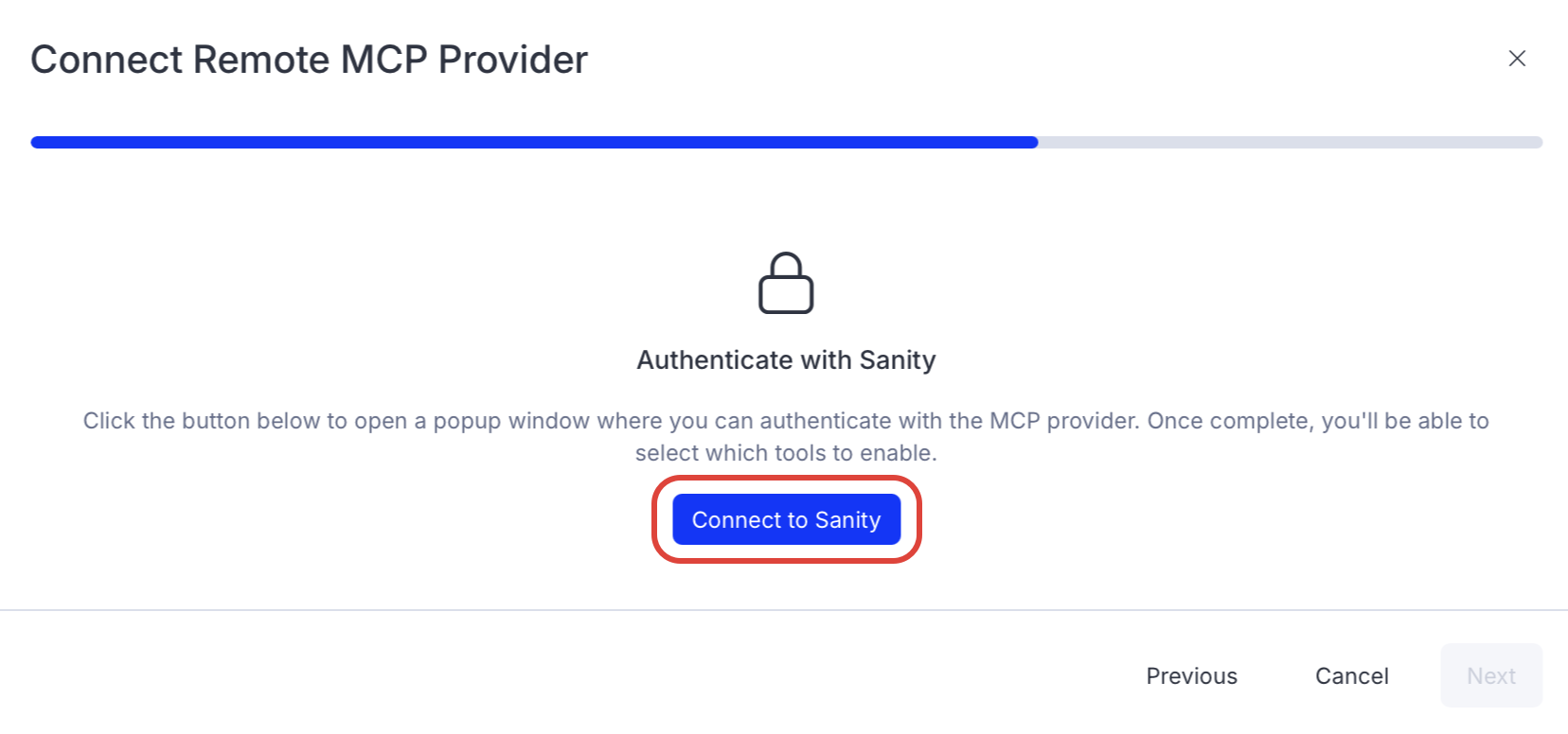 Screenshot of the Sanity connector page in Opal where the Connect to Sanity button is visible