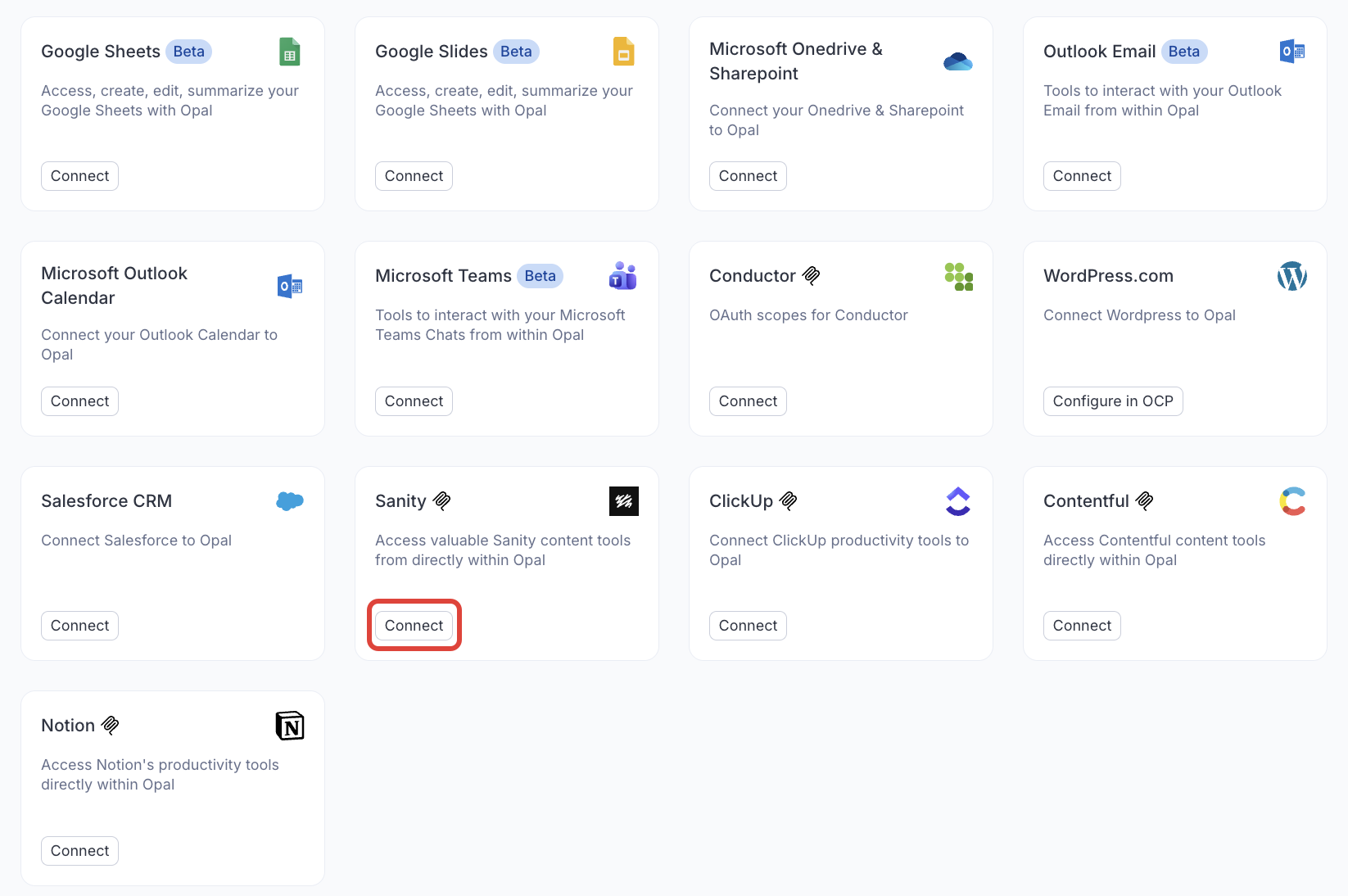 Screenshot of the Connectors page in Opal where the Connect button for Sanity is visible