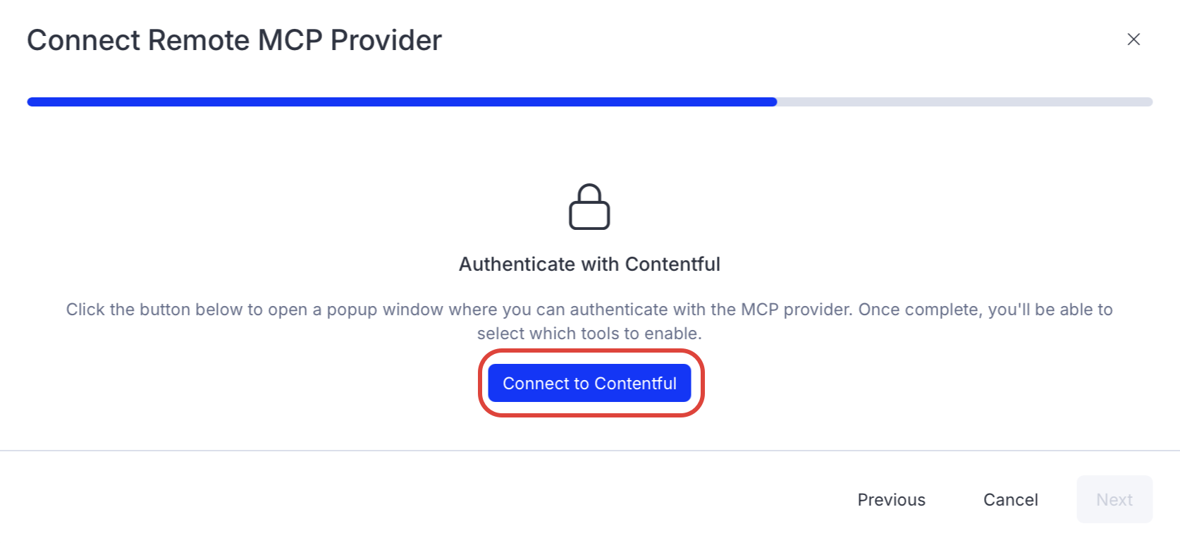 Screenshot of the Contentful connector page in Opal where the Connect to Contentful button is visible