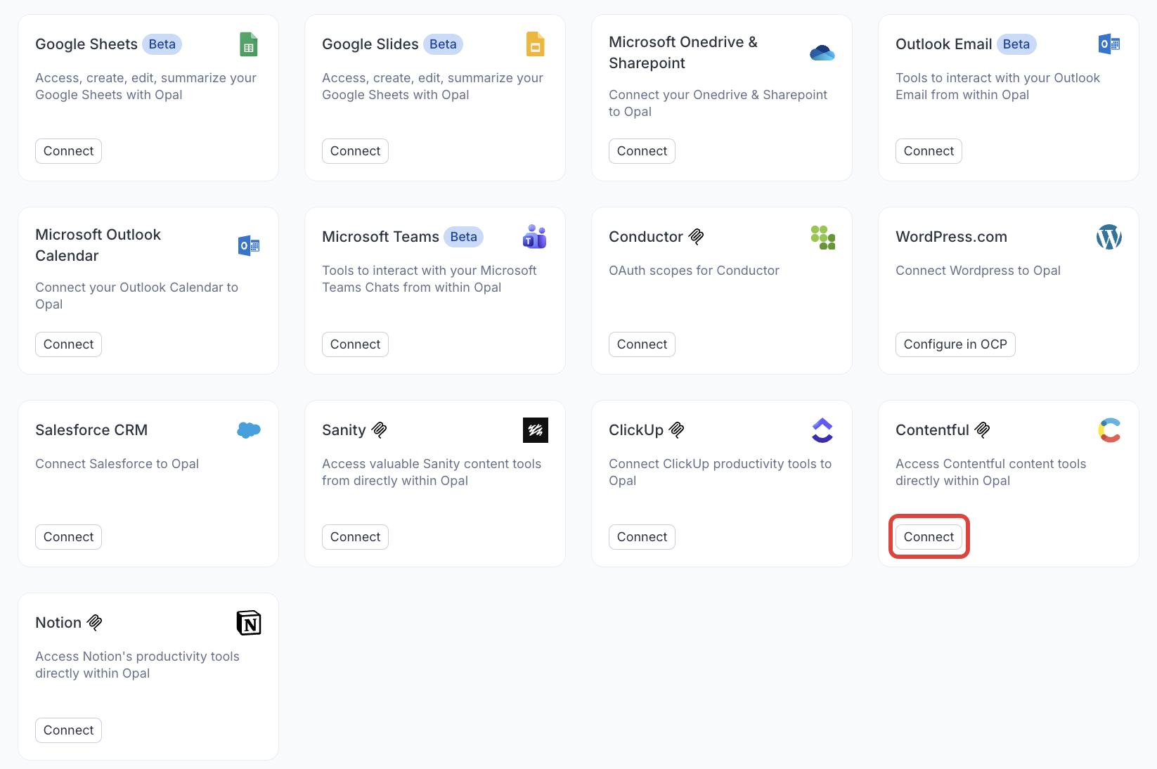 Screenshot of the Connectors page in Opal where the Connect button for Contentful is visible