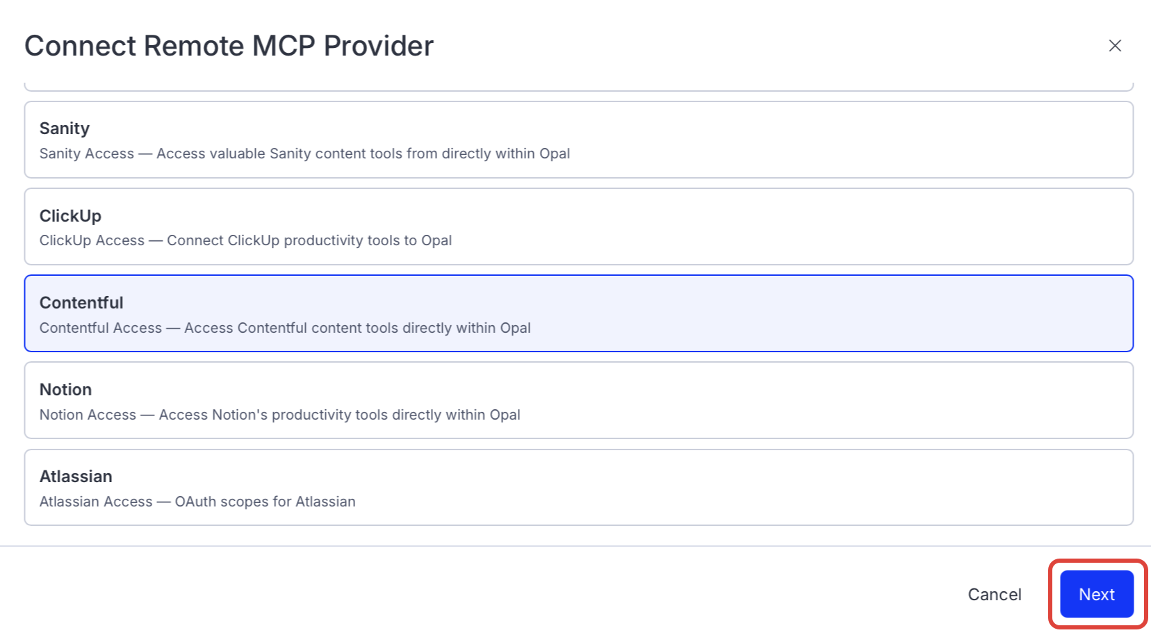 Screenshot of the connector selection page in Opal where Contentful is listed