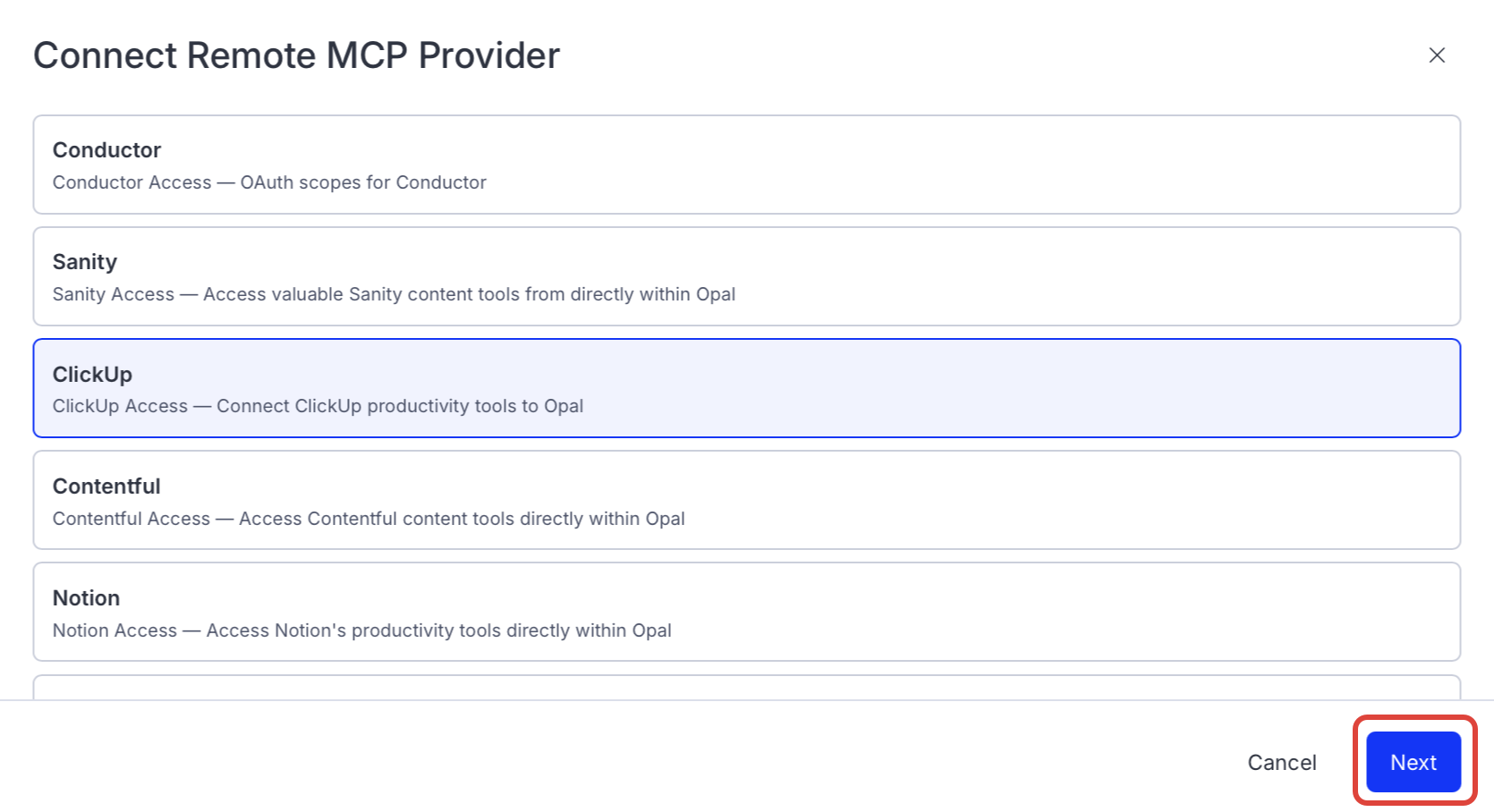 Screenshot of the connector selection page in Opal where ClickUp is listed