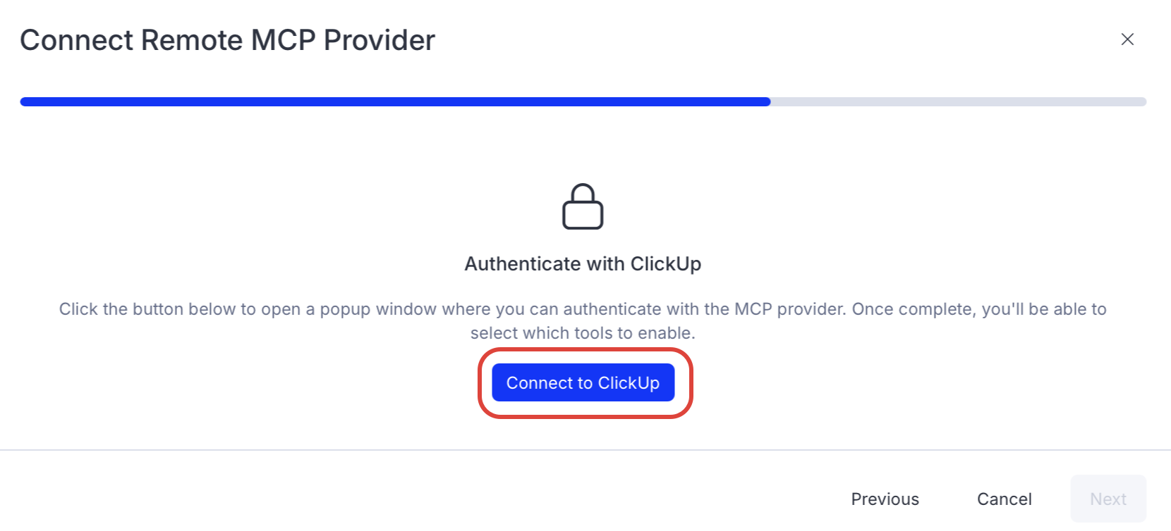 Screenshot of the ClickUp connector page in Opal where the Connect to ClickUp button is visible