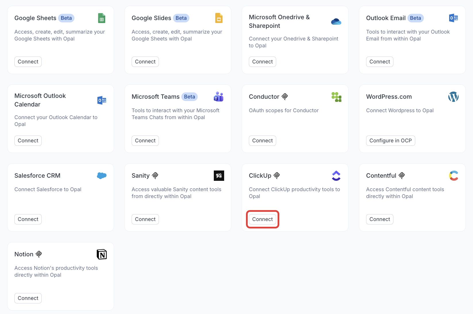 Screenshot of the Connectors page in Opal where the Connect button for ClickUp is visible