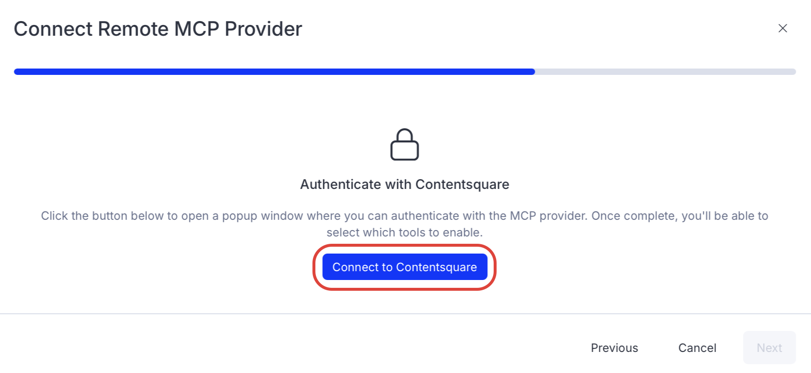 Screenshot of the Contentsquare connector page in Opal where the Connect to Contentsquare button is visible