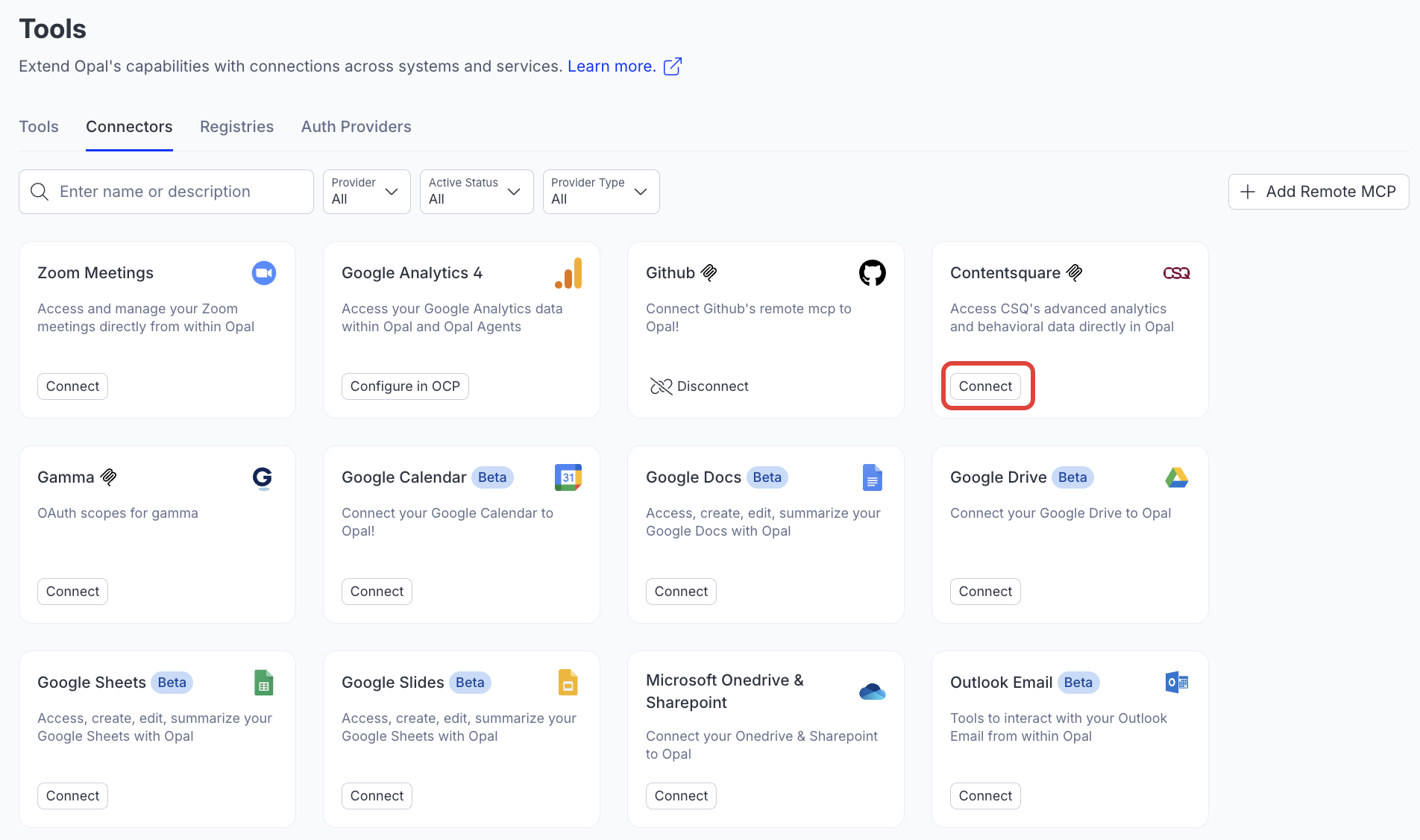 Screenshot of the Connectors page in Opal where the Connect button for Contentswuare is visible