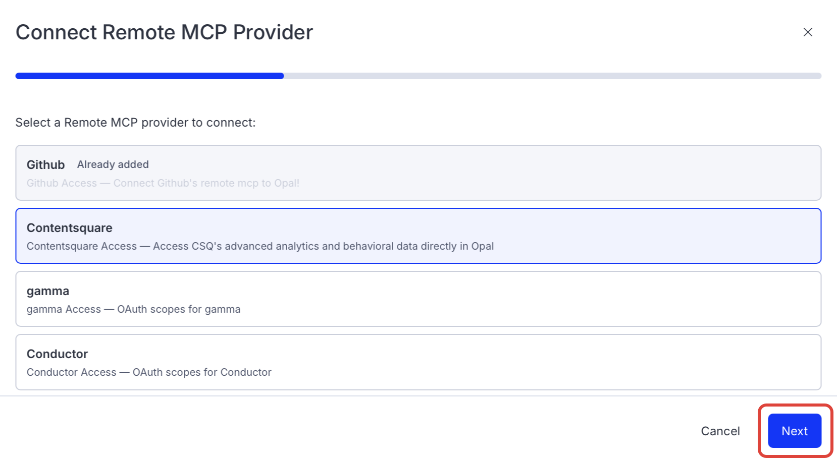 Screenshot of the connector selection page in Opal where Contentsquare is listed
