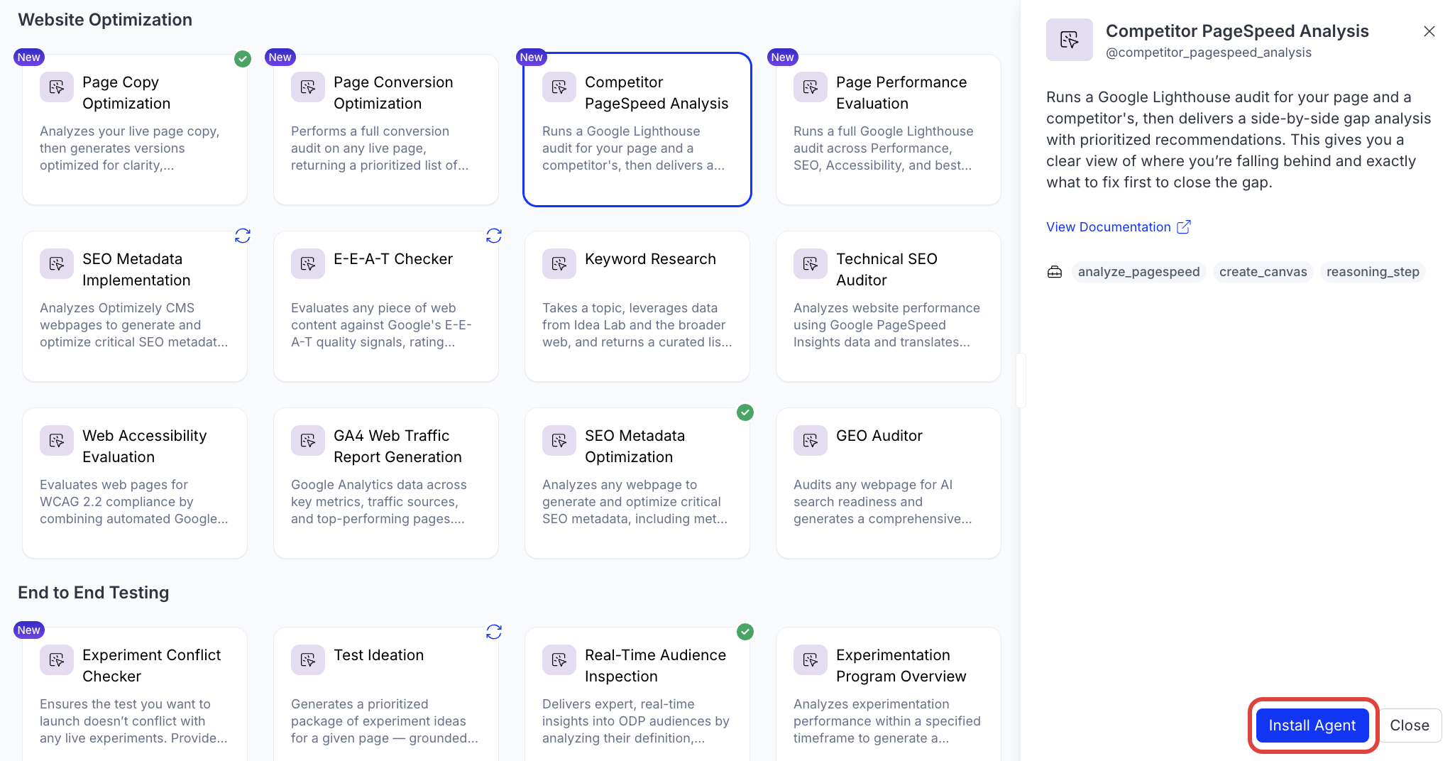 Screenshot of the Competitor PageSpeed Analysis agent page in Opal where Install Agent is highlighted