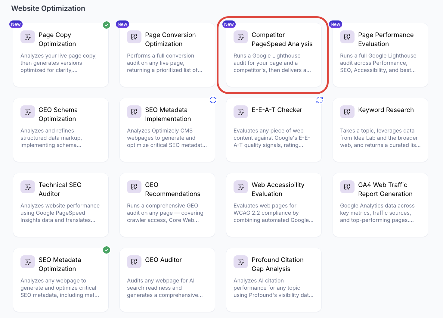 Screenshot of the Agent Directory in Opal where Competitor PageSpeed Analysis is highlighted
