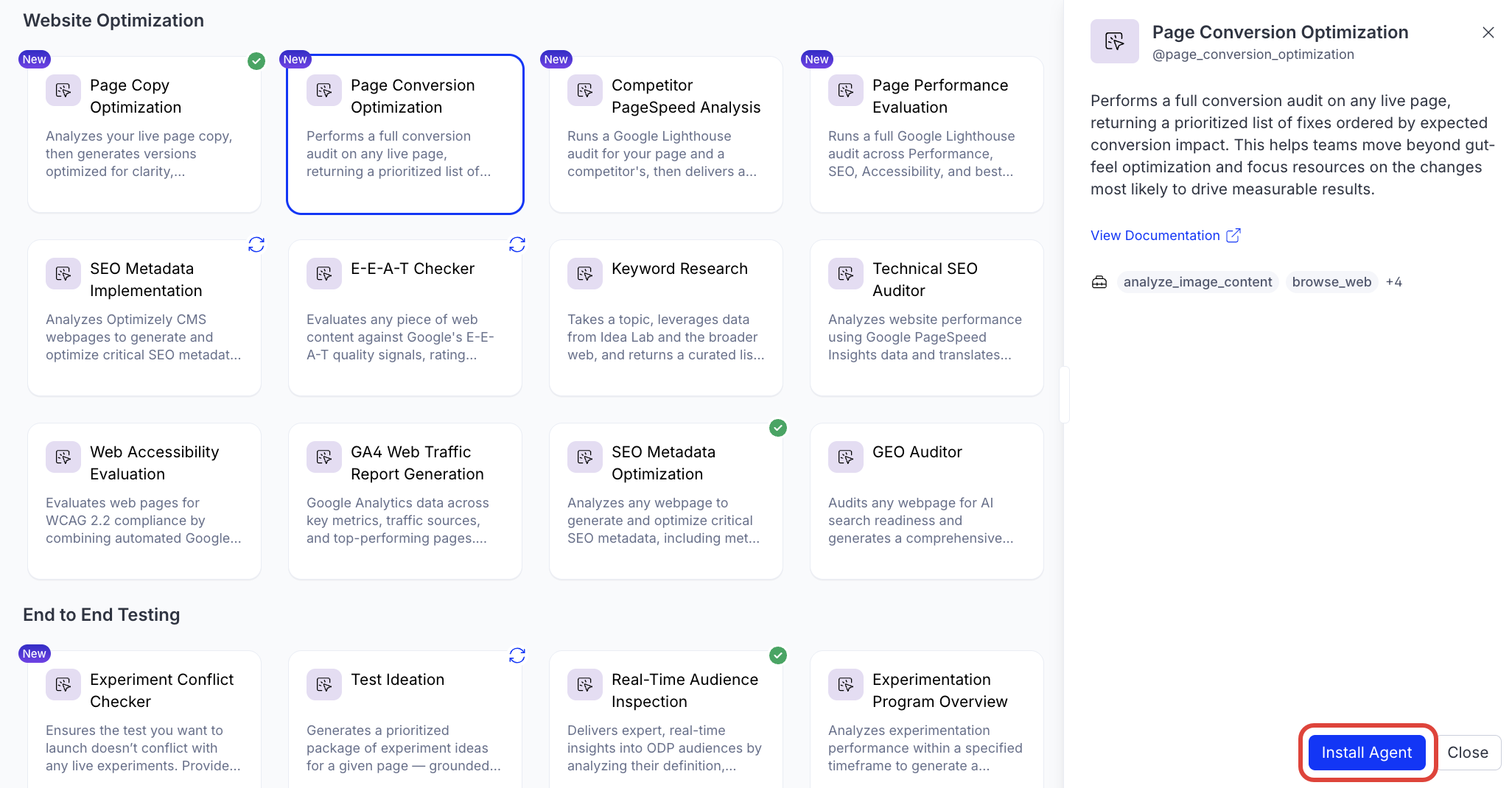 Screenshot of the Agent Directory where Install Agent is highlighted, showing the button that adds the Page Conversion Optimization agent to an Opal instance.