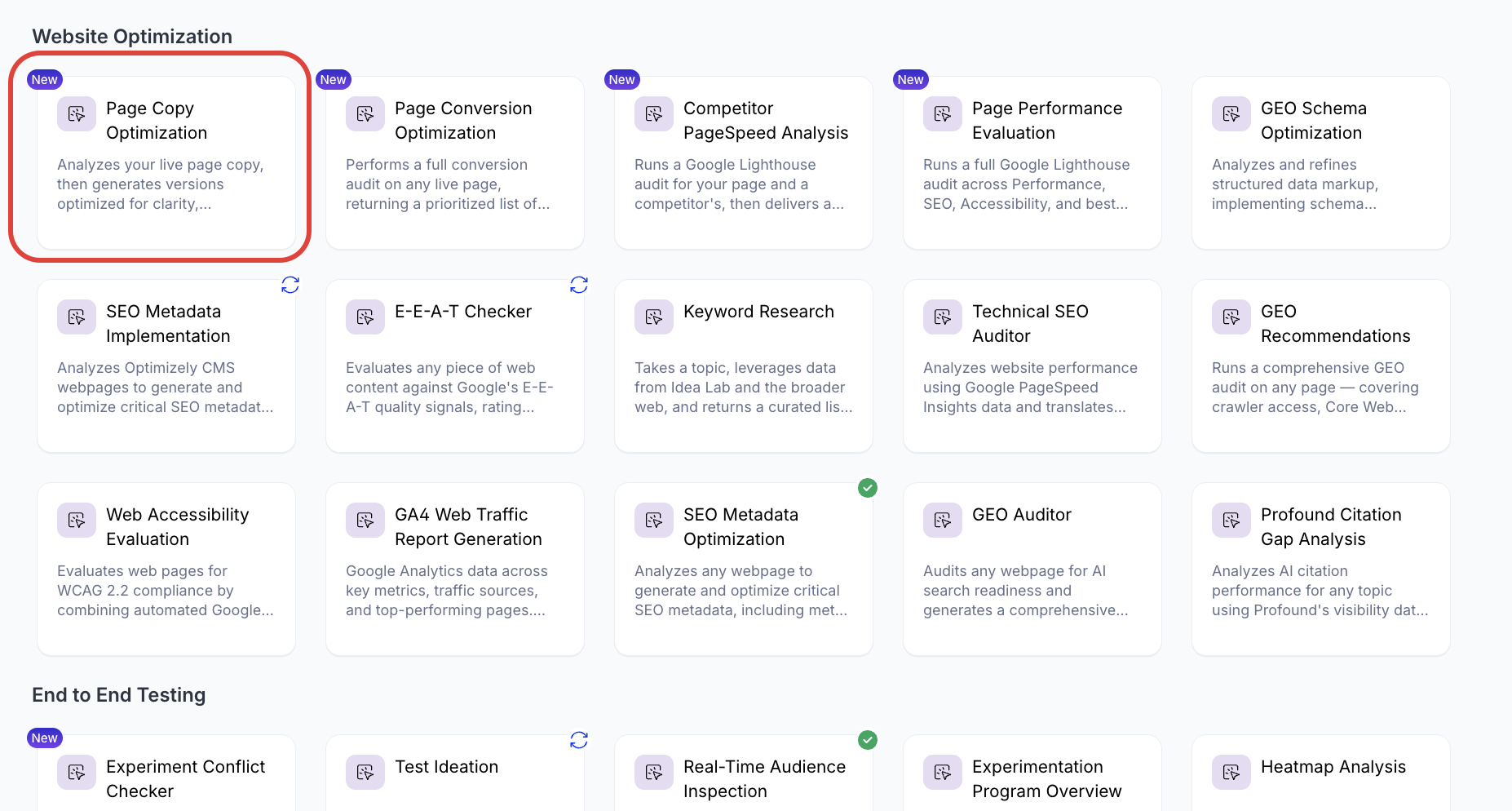 Screenshot of the Agent Directory page in Optimizely Opal where the Page Copy Optimization agent is selected.