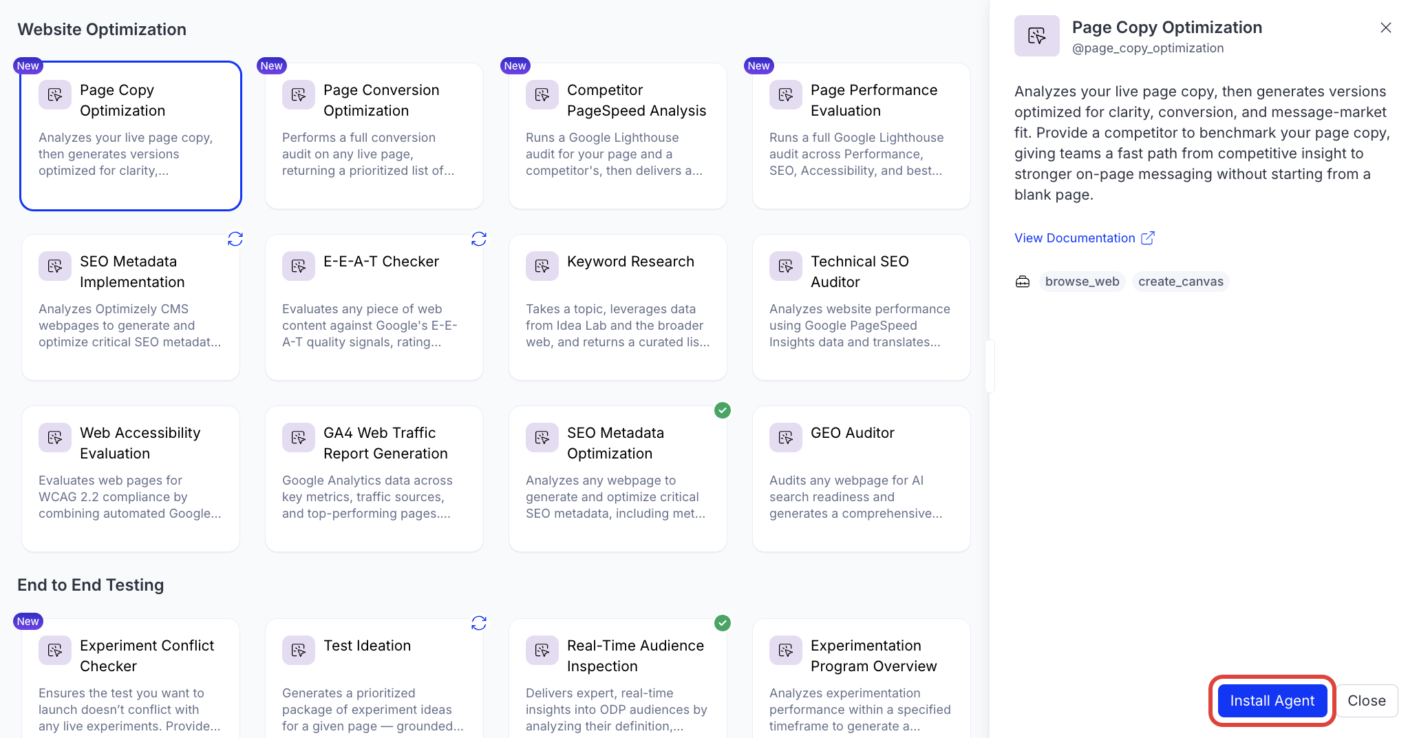Screenshot of the Page Copy Optimization agent page in Optimizely Opal where the Install Agent button is visible.