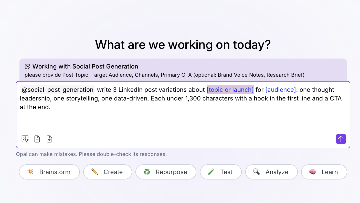 Screenshot of the Opal Chat input field where a pre-populated prompt displays with highlighted parameter placeholders.