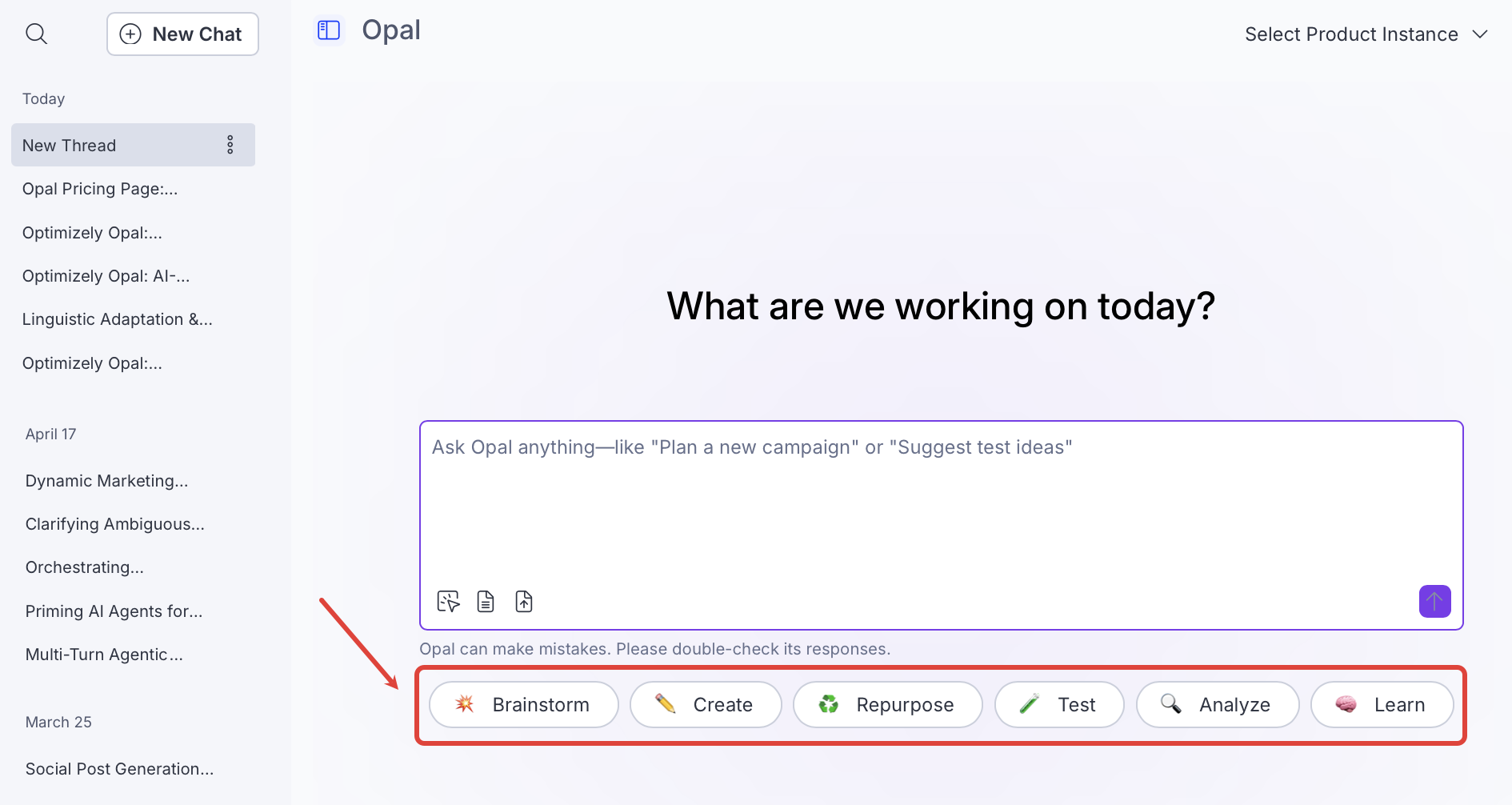 Screenshot of an Opal Chat conversation where the category pill buttons display at the bottom of the chat input.