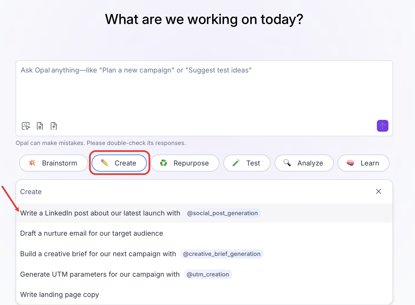 Screenshot of the Create category panel in Opal Chat where pre-populated prompt options display for selection.