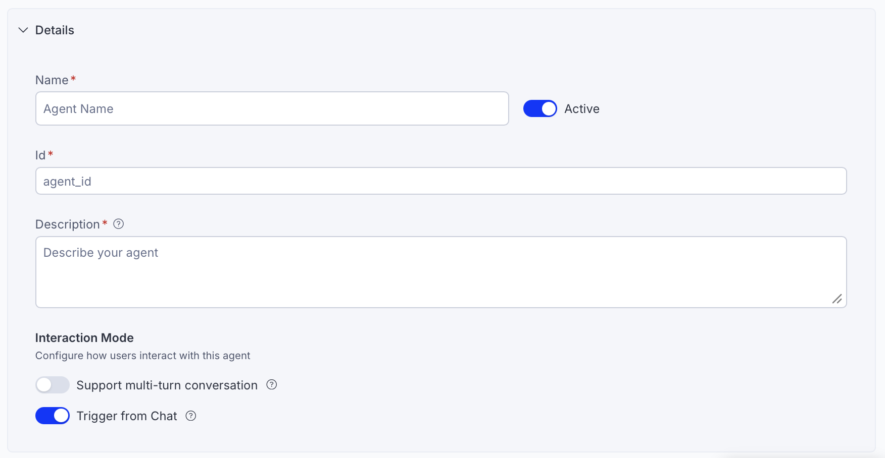 Screenshot of an empty Details section of a specialized agent