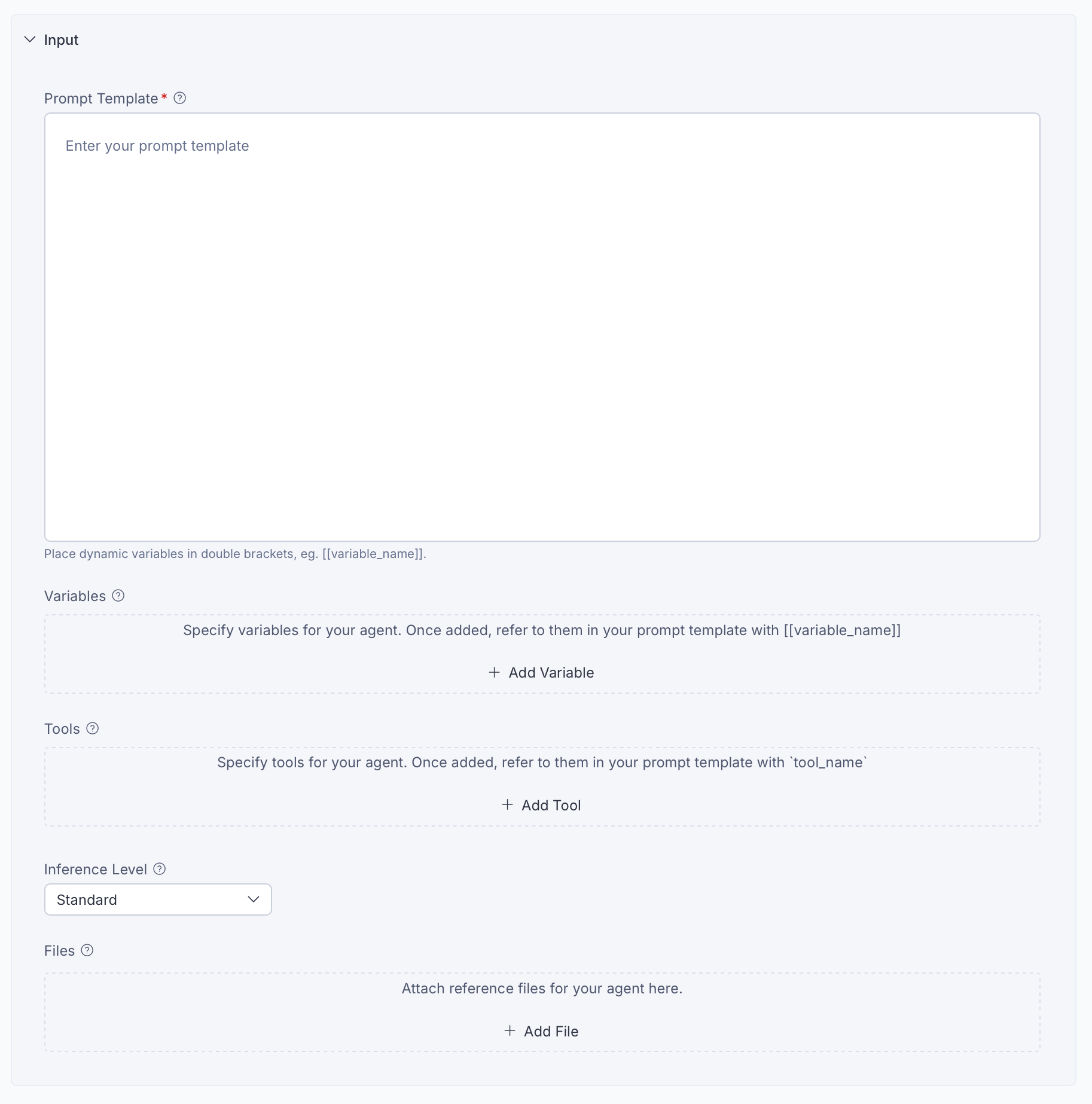 Screenshot of an empty Input section of a single-shot specialized agent