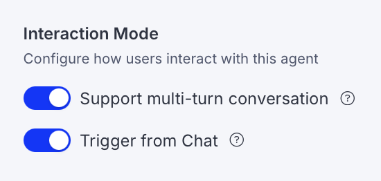 Screenshot of the interaction mode toggles in a specialized agent