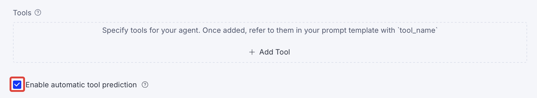 Screenshot of creating a specialized agent in the tools section with Enable automatic tool prediction highlighted