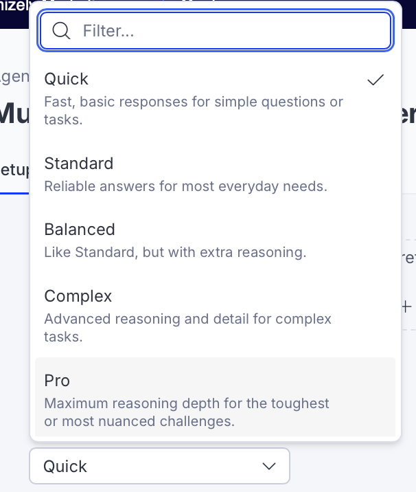 Screenshot of the Inference Level drop-down list in a specialized agent showing the available inference level options.