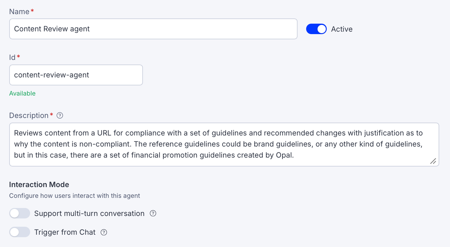 Screenshot of the Content Review agent Details section with Multi-turn toggled off and Enabled in Chat toggled off