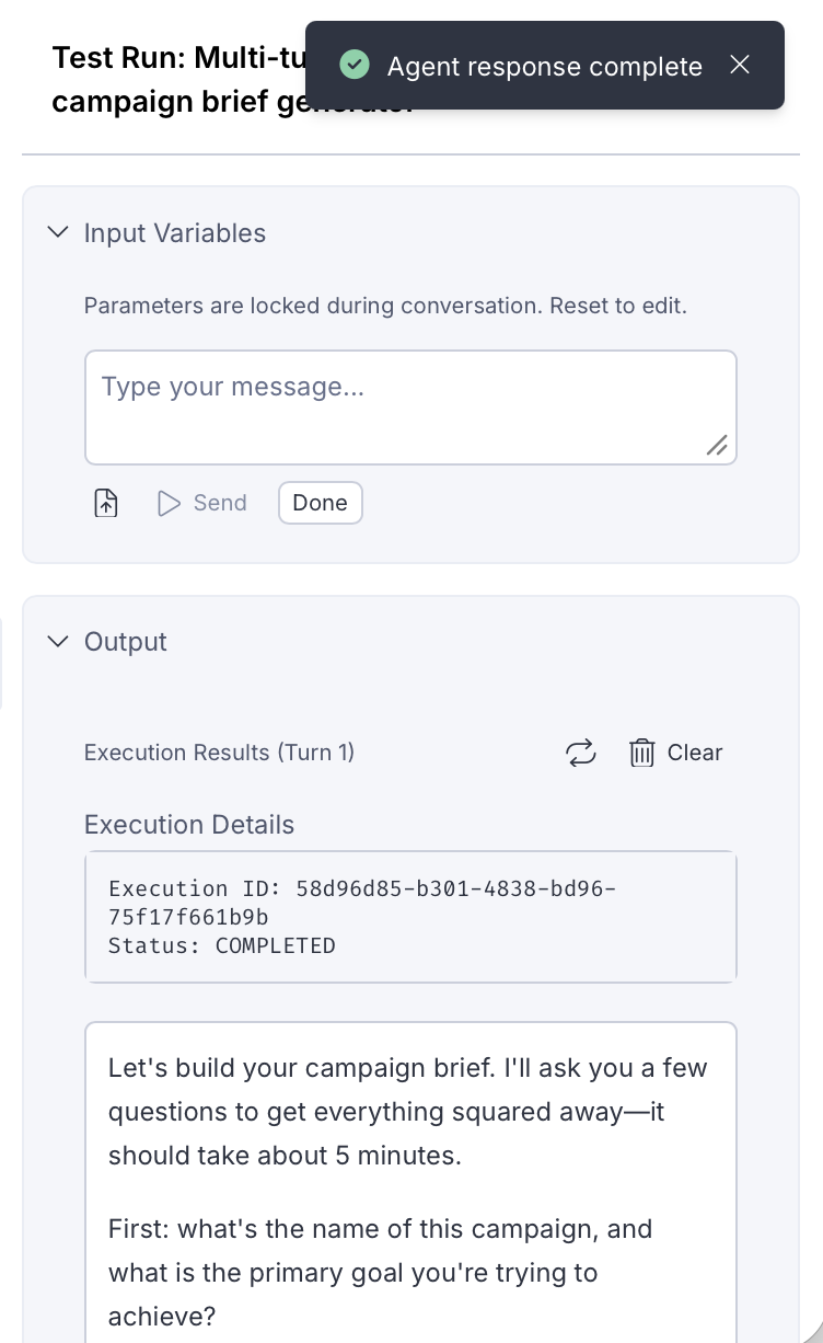 Screenshot of the Opal Chat interface where the Send and Done buttons display after the agent completes its first response