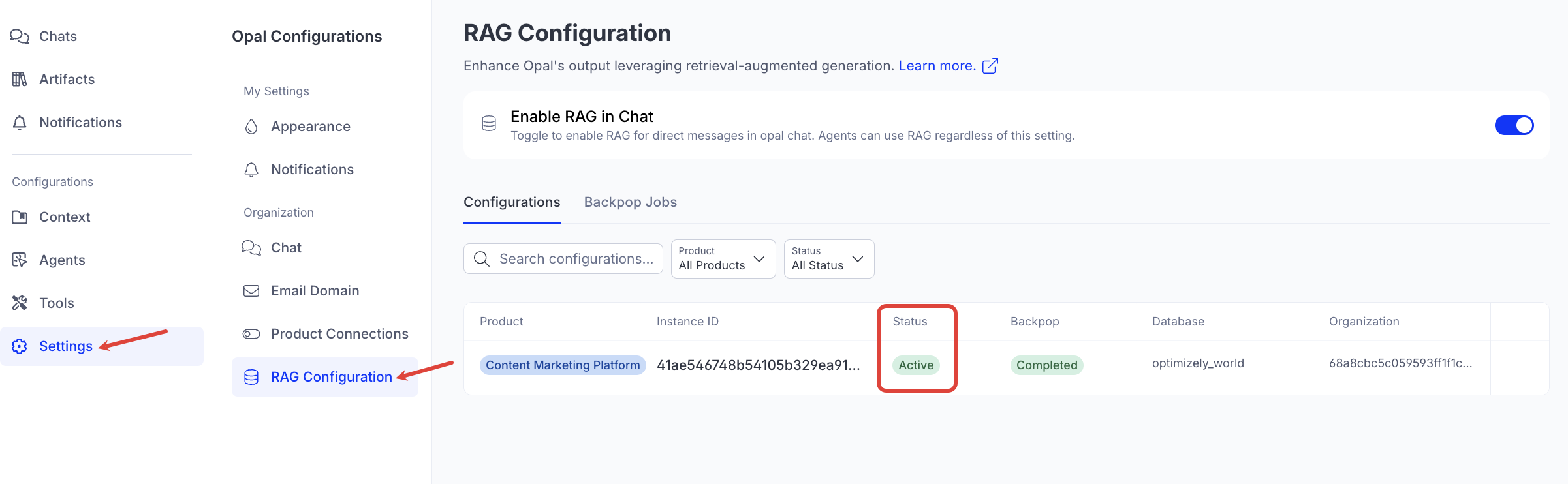 Screenshot of the RAG Configuration page with a CMP instance highlighted as active.