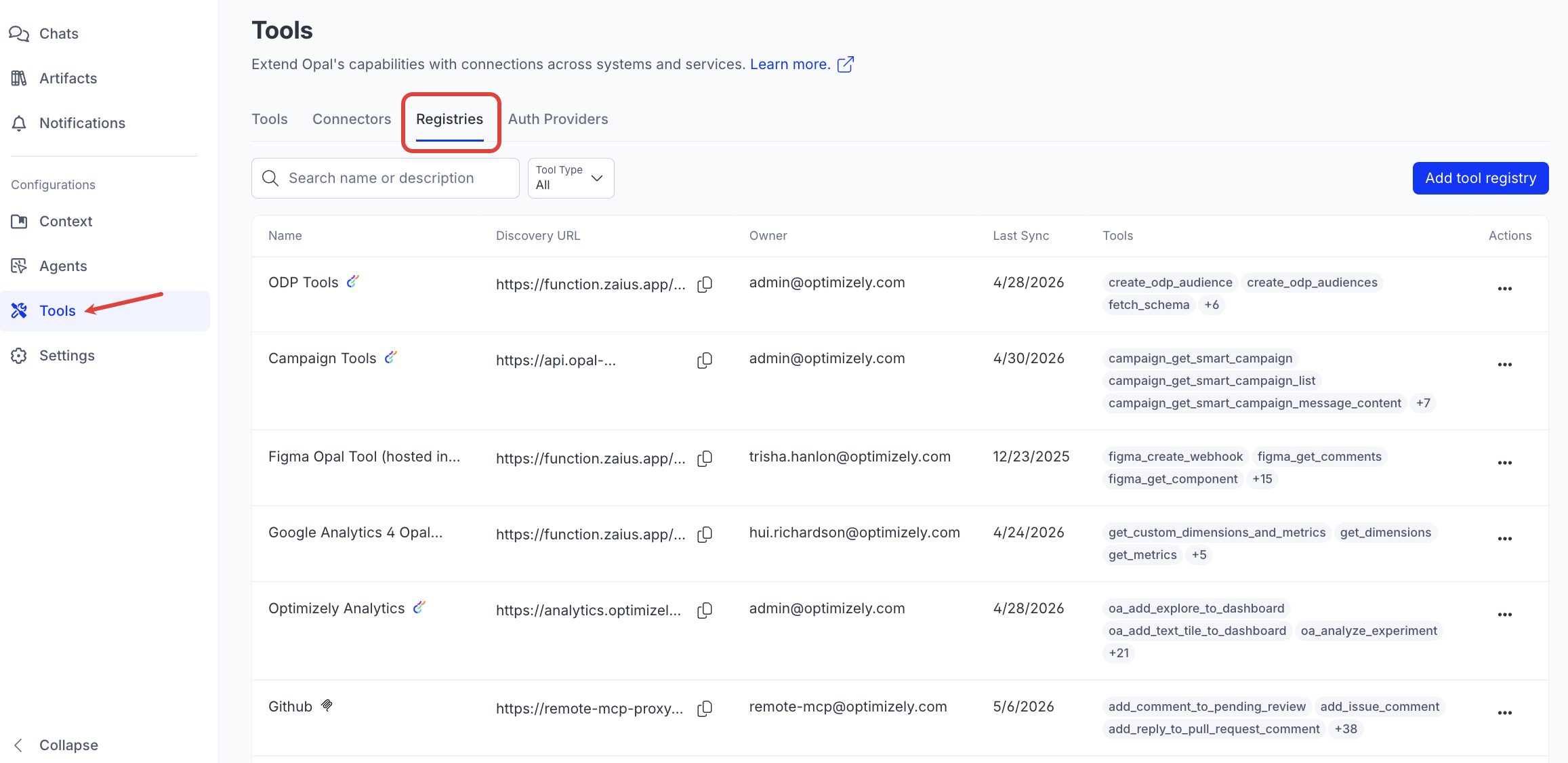 Screenshot of the Opal Tools page with the Registries tab highlighted.