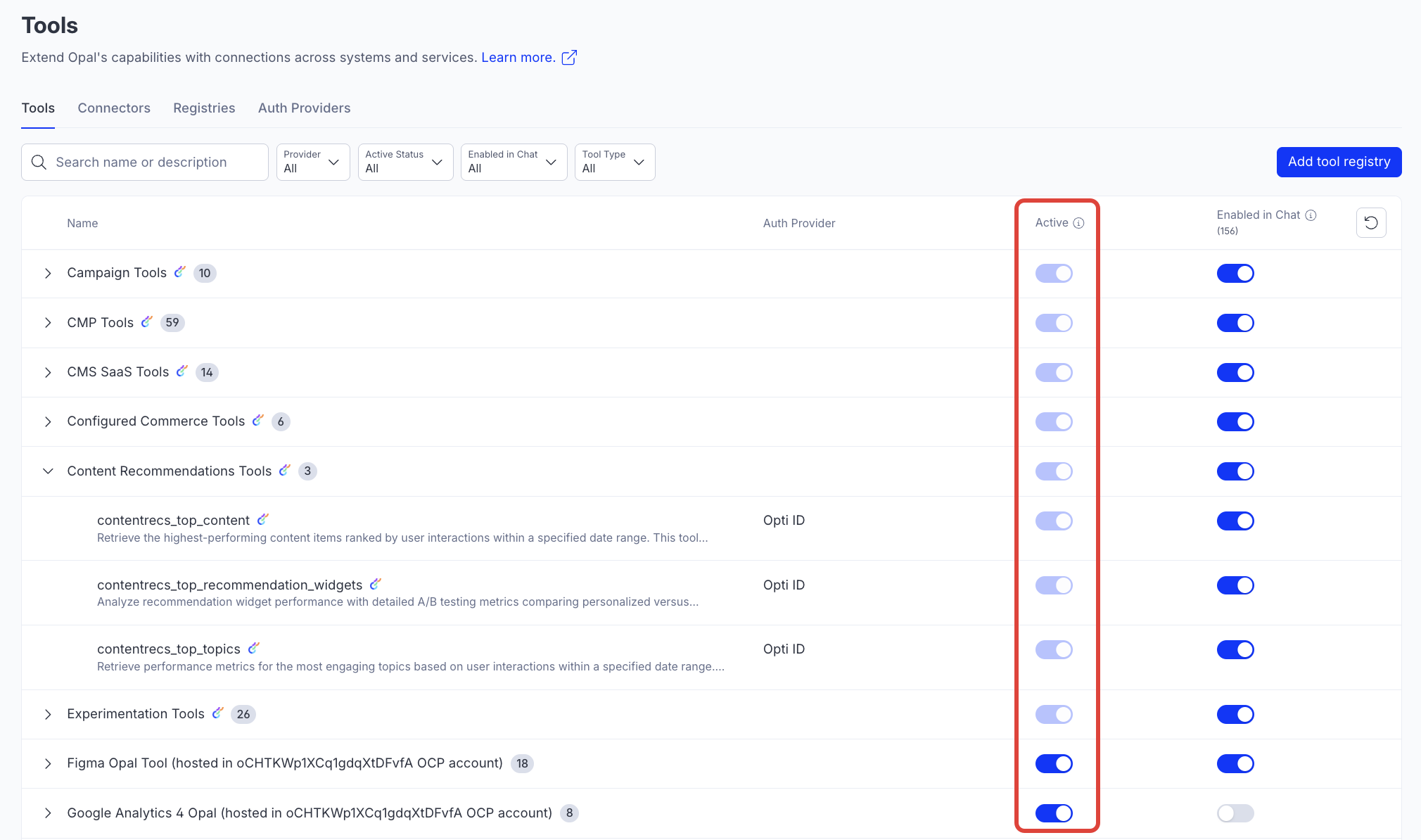 Screenshot of the Opal Tools page where the Active toggle is highlighted for an individual tool and a tool registry