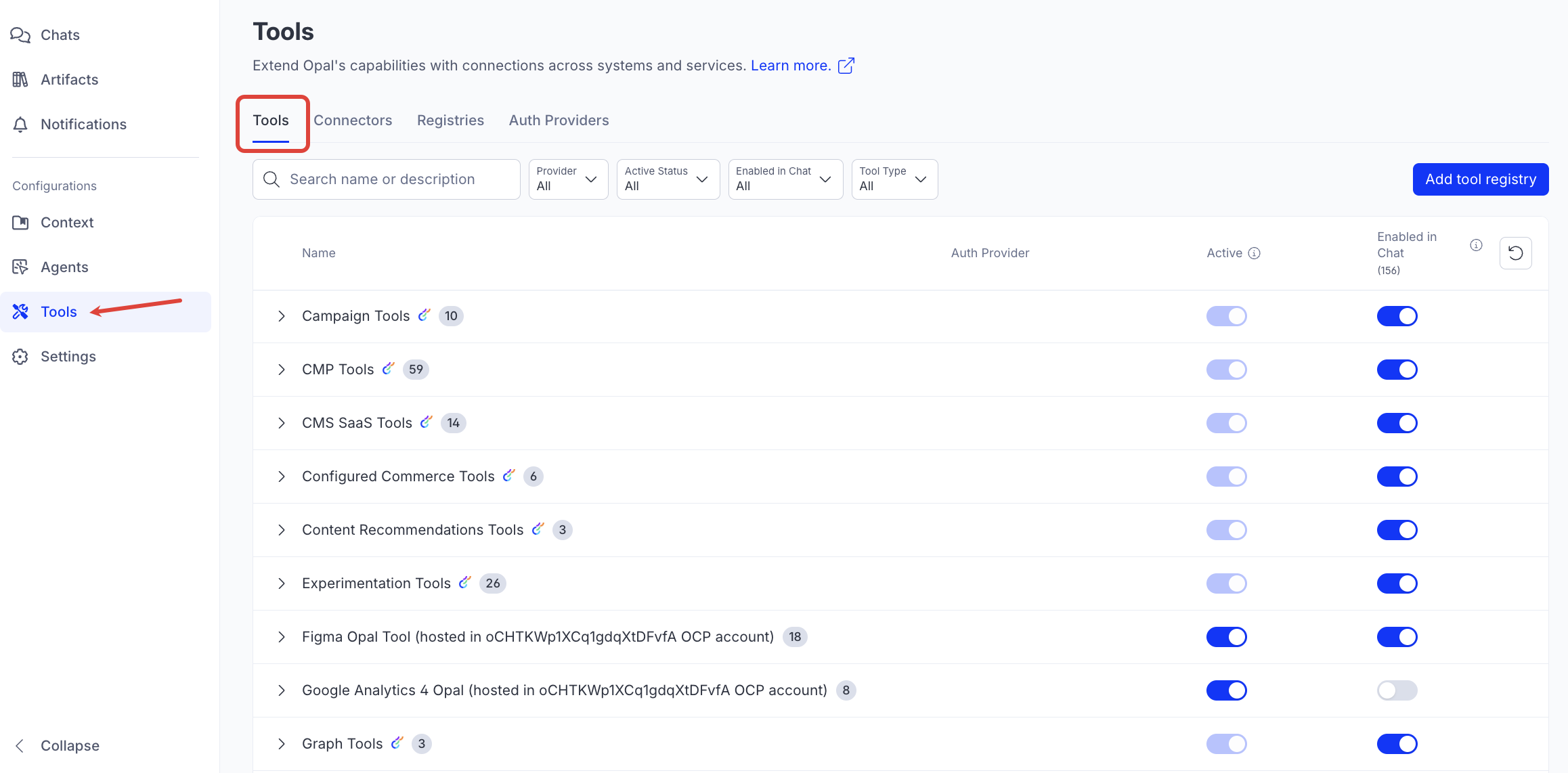 Screenshot of the Opal Tools page where the Tools tab is highlighted and the tools are listed by registry.