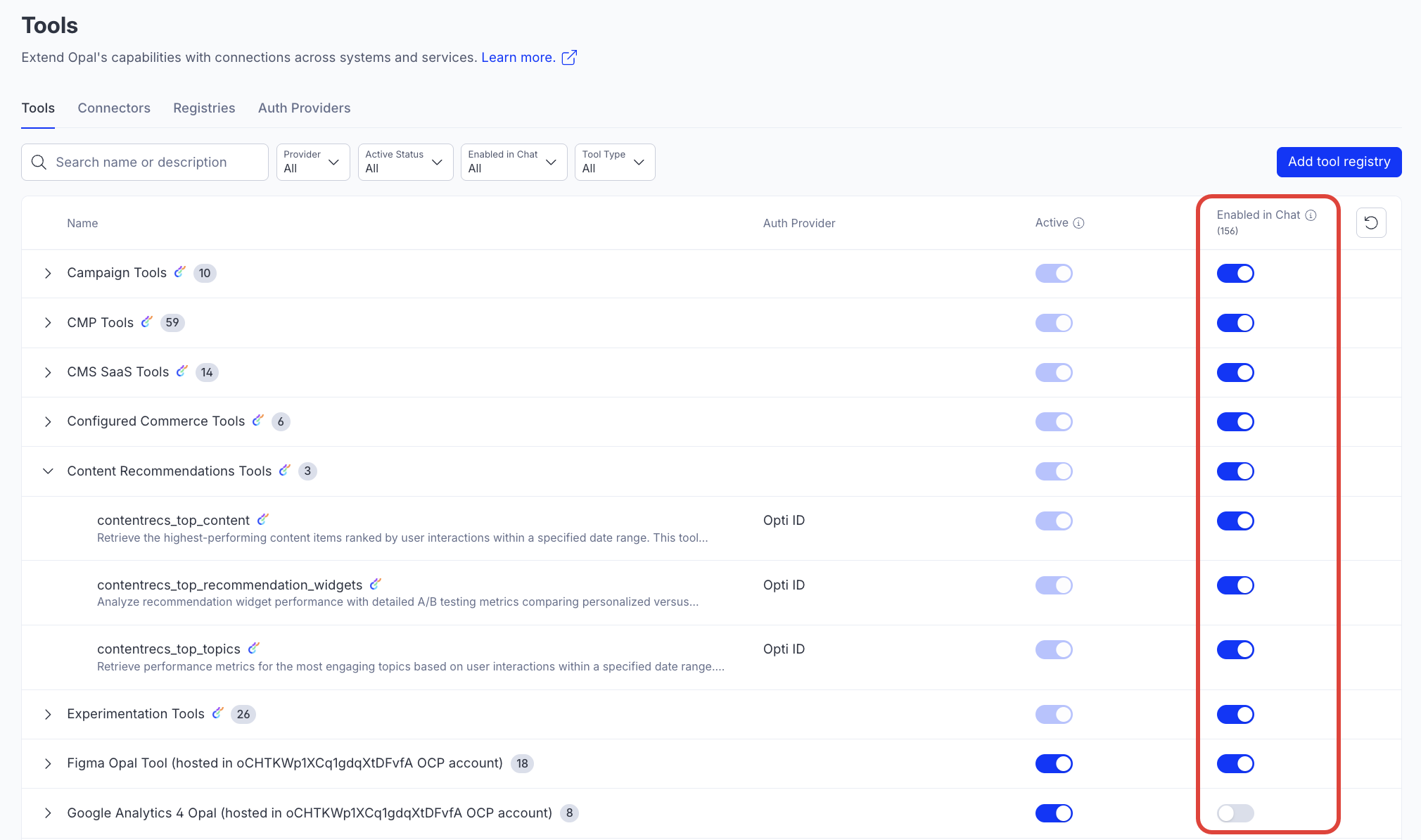 Screenshot of the Opal Tools page where the Enabled in Chat toggle is highlighted for an individual tool and a tool registry