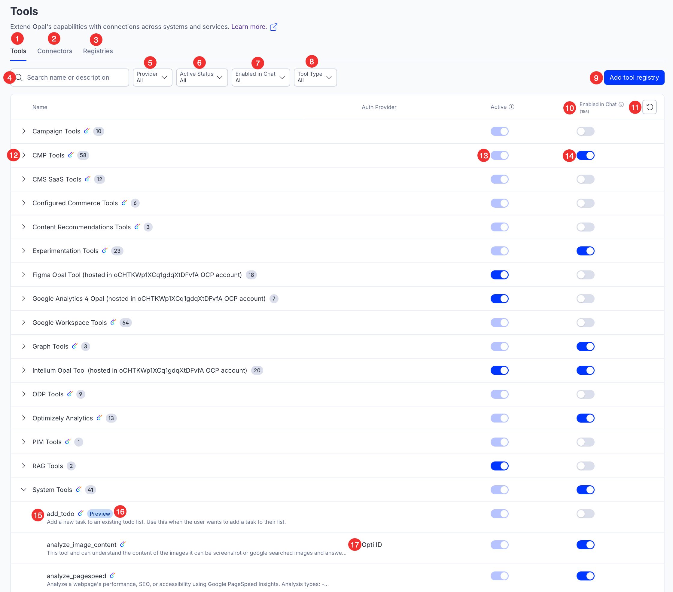Screenshot of the Optimizely Opal Tools page showing the tools list, filter options, and registry toggles