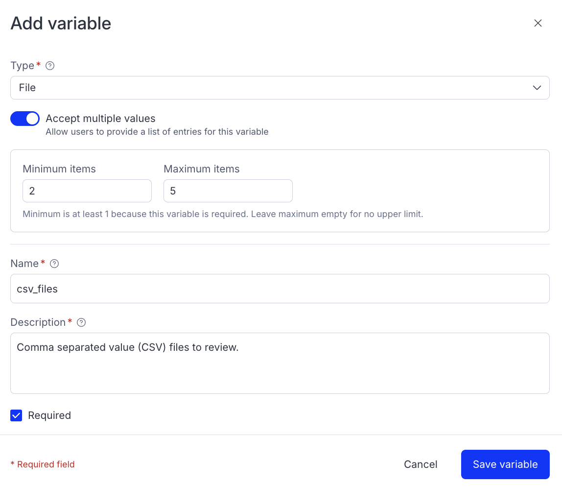 Screenshot of the Add variable screen with an example csv_files variable configured.