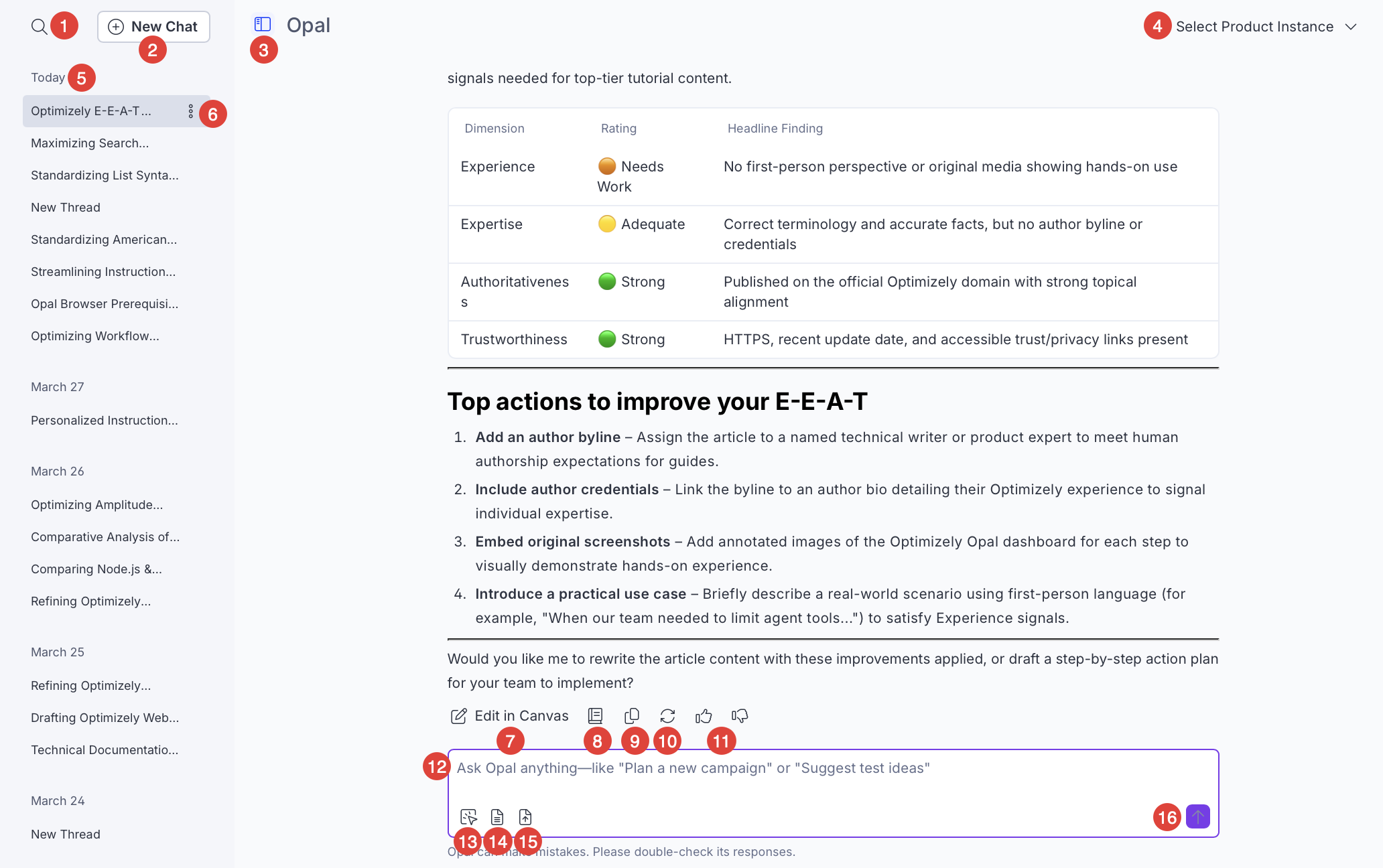 Screenshot of Opal Chat on the Opal website showing the full chat interface with numbered callouts for each UI element